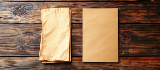 Fototapeta premium Elegant Folded Menu and Blank Card on Rustic Wooden Table for Restaurant or CafÃ© Promotional Use with Copy Space for Custom Text