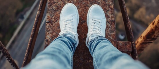 Casual style foot resting on rusty railing with white sneakers and blue jeans capturing an adventurous perspective with space for text.