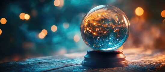 Mystical crystal ball on wooden table with enchanting background creating space for personalized text or messages
