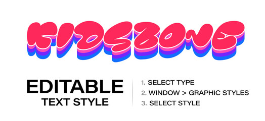 Childhood editable text effect, layered vibrant graphic style template. Customizable tweaking contour style for kids zone, toy and game logo and headline. Vector illustration.