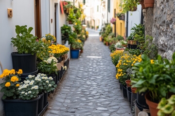 Obraz premium Landscape view of narrow alley in italy with rocky path, Walking street on the hill, Countryside alley with high contrast color.