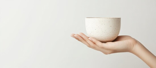 Hand presenting minimalist Scandinavian ceramic bowl on neutral background with ample copyspace for branding or advertising text
