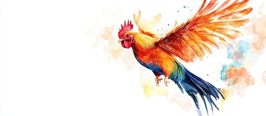 Obraz premium Vibrant watercolor painting of a flying rooster with colorful feathers and empty space for text on a white background