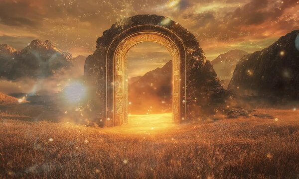 Magical Gateway in a Summer Field Surrounded by Mountains. Anime Style Fantasy Looping. Animated Background / Wallpaper. VJ / Vtuber / Streamer Backdrop. Seamless Loop.