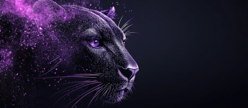 Glittering purple panther face against dark grey backdrop with empty space for customizable text and creative design elements