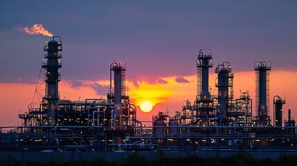 Obraz premium Sunset over industrial skyline with smokestacks silhouetted against colorful sky