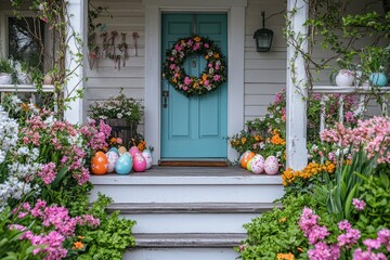 Naklejka premium Porch of a house decorated for Easter holidays with colorful Easter eggs and beautiful spring flowers 