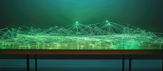 Abstract digital network system with green connections on table and interactive code display featuring ample copy space for text insertion