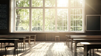 Sunlit classroom with large windows, wooden desks, and chalkboard.