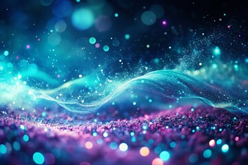 Fototapeta premium Cosmic Teal Wave: Fluid Particle Flow in Dim Space, Double Exposure Stock Photo