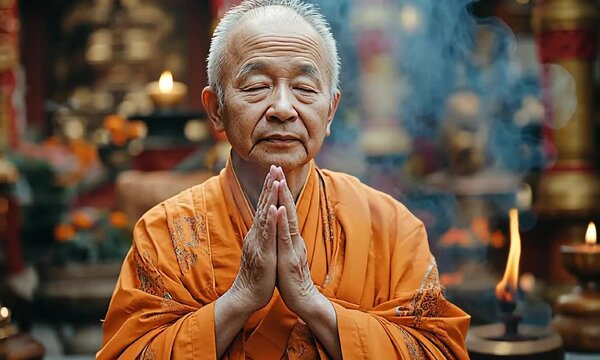 Meditative monk in serene temple surrounded by mystical smoke.