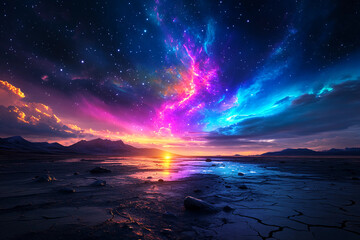 Barren Alien Landscape with Cracked Earth, Scattered Boulders, and a Vibrant Nebula Illuminating the Sky in Every Color Imaginable