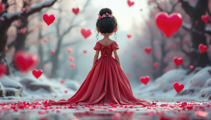 a young girl in a red dress standing in a snowy forest, surrounded by floating red heart-shaped balloons.