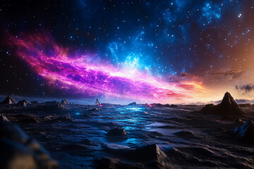 Barren Alien Landscape with Cracked Earth, Scattered Boulders, and a Vibrant Nebula Illuminating the Sky in Every Color Imaginable