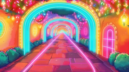Obraz premium Vibrant illuminated pathway with colorful arches and fairy lights in a whimsical setting