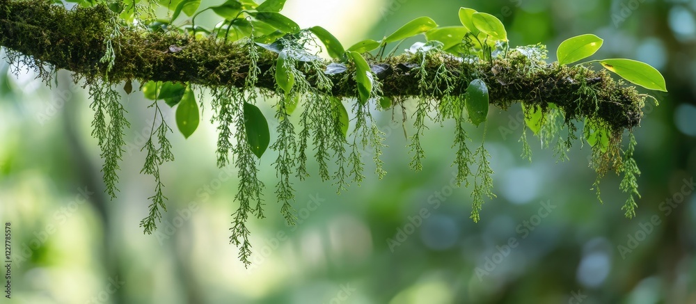 Sticker Lush green leaves and hanging moss on a forest branch with blurred background and ample space for text or design elements