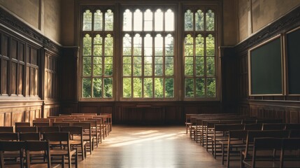 Sunlit hall with rows of wooden chairs and large windows overlooking trees.