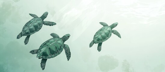 Obraz premium Green Sea Turtles Swimming Gracefully in Clear Ocean Water with Ample Copy Space for Text or Branding