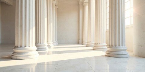 Sunlit Classical Columns in a Marble Hallway, Elegant and Serene Architectural Design