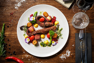 Octopus tentacles with cherry tomatoes, broccoli, and edible flowers. Accompanied by roasted potatoes, yellow sauce, and microgreens. Sophisticated seafood dish in a gourmet restaurant