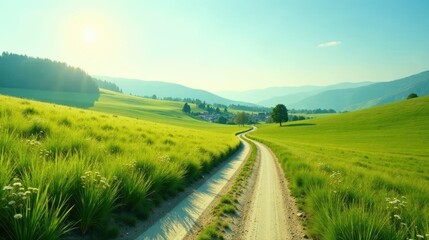 Fototapeta premium Serene Countryside Road Winding Through Lush Green Meadows and Gentle Rolling Hills Under a Sunny Sky