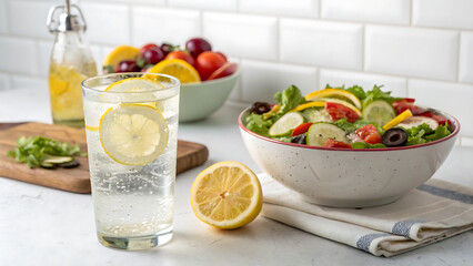 Refreshing healthy drink and salad for nutrition and hydration week.