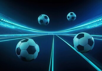 Naklejka premium Dynamic soccer balls in motion with vibrant blue lights illuminating the modern stadium during a thrilling nighttime match