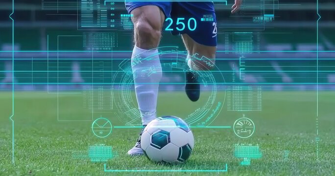Dynamic soccer player kicking a ball on a grass field with technology overlay displaying performance data