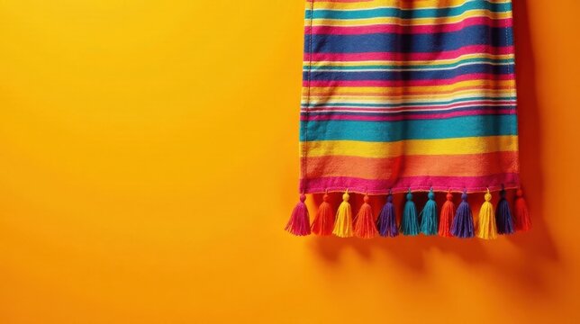 Vibrant Striped Textile with Colorful Tassels Against a Sunny Yellow Background