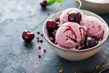 bowl of black cherry ice cream with cherries and sauce, copy space for text