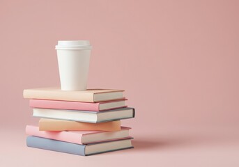 Fototapeta premium White disposable coffee cup with pastel books in minimalist still life soft lighting and warm brown background