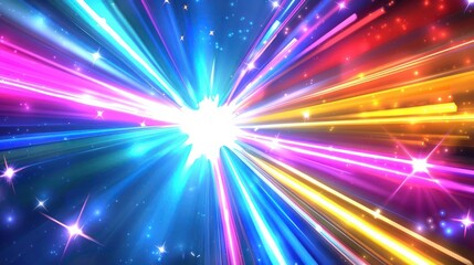 Vibrant explosion of colorful light rays radiating from a bright center, creating a dynamic visual effect