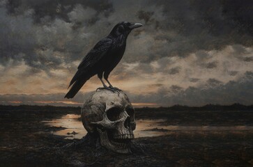 Fototapeta premium Dark Gothic Scene with Raven Perched on Skull