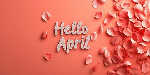 Hello April colorful background. A vibrant greeting for April, featuring sparkling letters and delicate rose petals on a soft coral background.