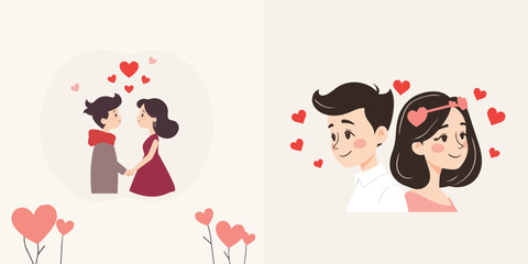 Romantic cartoon vector illustration of a happy couple with pink hearts, a design for Valentine's Day or wedding cards depicting love and family happiness