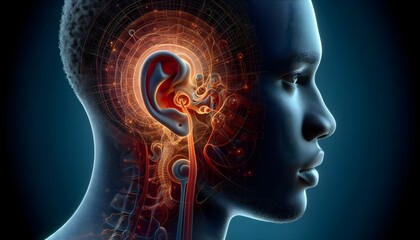 Obraz premium 3D medical illustration of the human ear anatomy displaying outer ear, ear canal, and eardrum in a detailed and educational diagram. 