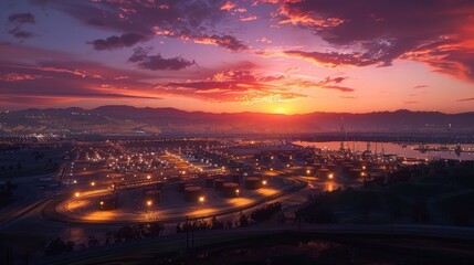 Fototapeta premium Sunset over a bustling industrial area with storage tanks and distant mountains under vibrant skies