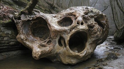 River rock resembling skull, forest background, eerie nature scene, halloween imagery