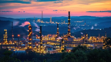 Fototapeta premium Industrial landscape at sunset with illuminated factories and smokestacks against a colorful sky