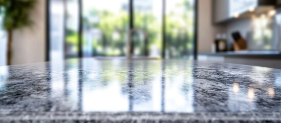 Granite countertop positioned in a modern kitchen with a blurred background and ample empty space for text or branding opportunities