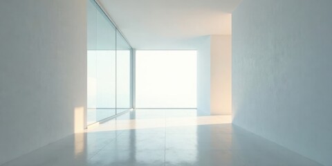 Obraz premium Modern minimalist interior design showcasing sunlight through large windows in a bright, spacious room with sleek, glossy floor tiles and smooth walls.