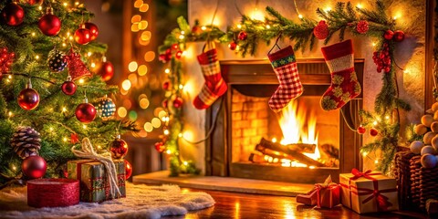 Fototapeta premium Cozy Christmas Fireplace with Decorated Tree & Bokeh Lights - Festive Winter Stock Photo