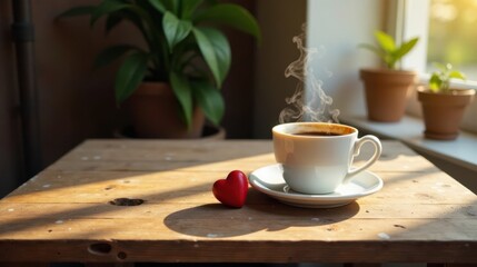 Aromatic morning coffee with a small red heart on a rustic wooden table bathed in sunlight