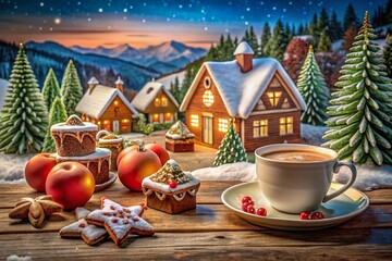 Fototapeta premium Cozy Christmas Village Food Photography: Snowy Winter Scene with Festive Treats