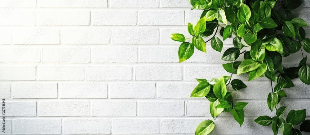 Canvas Prints Lush green plant cascading against a white brick wall illuminated by fluorescent light with ample space for text or design elements