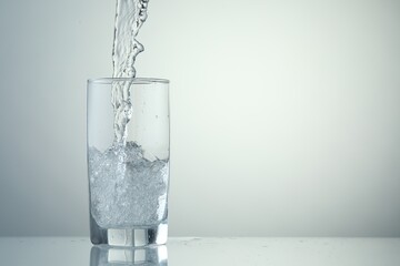 Pouring refreshing soda water into glass on light grey background, closeup. Space for text