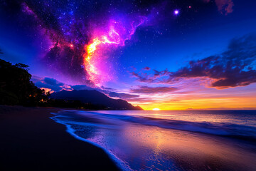 Serene Beach with Soft Waves and Nebula Sky, Capturing the Peaceful Beauty of Nature, a Tranquil Coastal Scene under a Stunning Cosmic Display of Colors