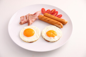 breakfast egg fried ham and sausage breakfast in studio shooting