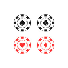 Casino poker chips with card suit symbols. Spades, clubs, hearts, diamonds. Casino, gambling, poker, gaming concept. Vector illustration.