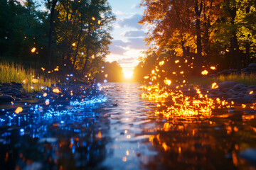 River Flowing Through Forest with Early Morning Mist Transitioning into Glowing Sunset Scene, Capturing the Calm Reflection of the Warm Colors of the Setting Sun Over Water